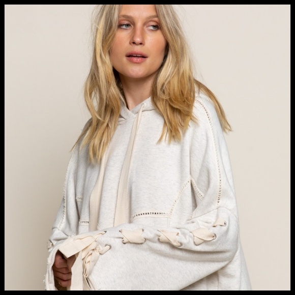 POL “Urban Chic” French Terry Hoodie Top Criss Cross Laces Down Sleeves Raw Hem - Picture 8 of 16